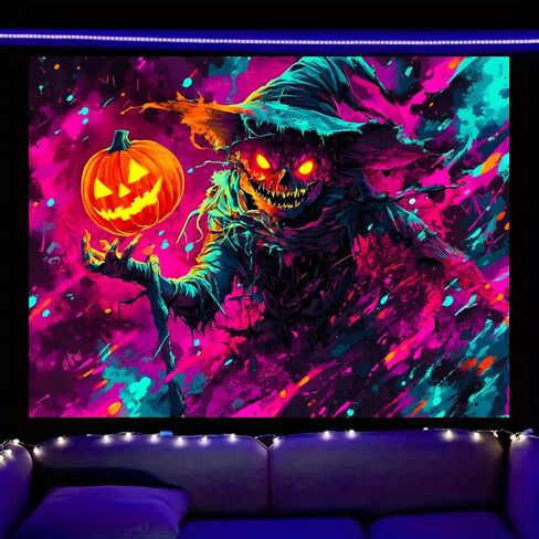 Nuxovilar UV Reactive Tapestry Flaming Scarecrow Pumpkin Scene BlackLight Tapestries Cool UV Black Light Halloween Horror Tapestry Living Room and Bedroom Decor 59.05"x39.37" in Saudi Arabia