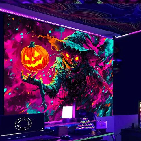 Nuxovilar UV Reactive Tapestry Flaming Scarecrow Pumpkin Scene BlackLight Tapestries Cool UV Black Light Halloween Horror Tapestry Living Room and Bedroom Decor 59.05"x39.37" in Saudi Arabia