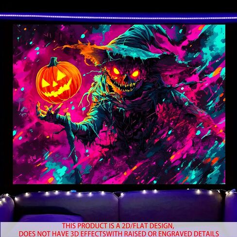 Nuxovilar UV Reactive Tapestry Flaming Scarecrow Pumpkin Scene BlackLight Tapestries Cool UV Black Light Halloween Horror Tapestry Living Room and Bedroom Decor 59.05"x39.37" in Saudi Arabia