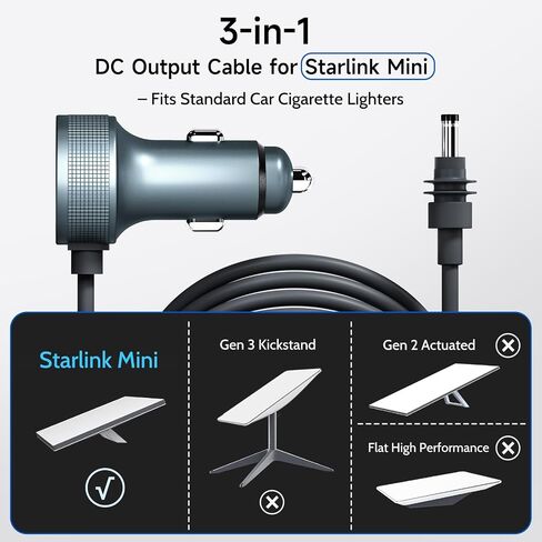 محول سيارة صغير وكابل طاقة من Starlink، كابل Starlink Mini 3 في 1 + محول ولاعة سجائر 12 فولت - 48 فولت مع شاشة رقمية، منافذ USB C PD 40 وات وUSB A 35 وات للشاحنات والسيارات والمركبات الترفيهية (10 أقدام) + كابل تمديد in Kuwait