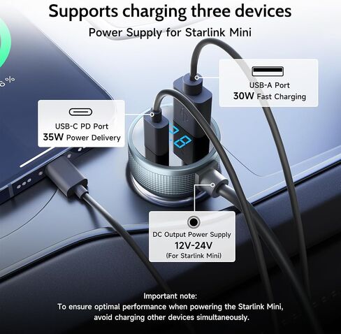 محول سيارة صغير وكابل طاقة من Starlink، كابل Starlink Mini 3 في 1 + محول ولاعة سجائر 12 فولت - 48 فولت مع شاشة رقمية، منافذ USB C PD 40 وات وUSB A 35 وات للشاحنات والسيارات والمركبات الترفيهية (10 أقدام) + كابل تمديد in Kuwait