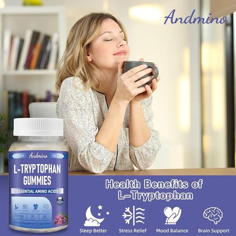 L علكات التربتوفان 500 ملغ، مع تريهالوز، للاسترخاء الطبيعي ودعم السيروتونين، للبالغين والأطفال، غير معدلة وراثيًا، نباتي، خالي من الغلوتين، نكهة العنب، 60 in Kuwait