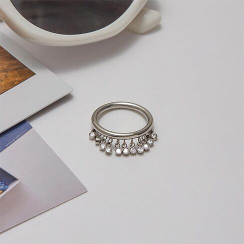 NewZenro Round CZ Tassel Dangle Drop Stacking Rings for Women Stainless Steel Silver/Gold-Tone Danity Sparkling Crystal Finger Band Statment Ring Comfort Fit Fashion Wedding Holiday Jewelry Size 7 in Saudi Arabia