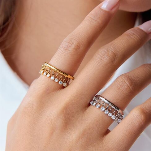NewZenro Round CZ Tassel Dangle Drop Stacking Rings for Women Stainless Steel Silver/Gold-Tone Danity Sparkling Crystal Finger Band Statment Ring Comfort Fit Fashion Wedding Holiday Jewelry Size 7 in Saudi Arabia
