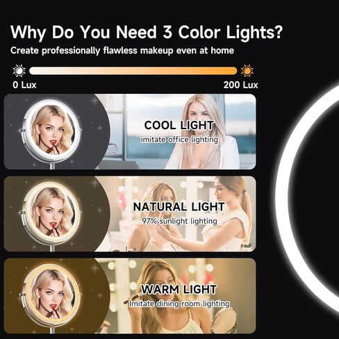 مرآة مكياج مضيئة بأضواء أكثر سطوعًا، مرآة زينة مكبرة عالية الدقة 1x/10xTrue HD مع تحكم باللمس، مرآة مزدوجة الجوانب قابلة لإعادة الشحن بزاوية 360 درجة مع 3 أضواء خافتة للضوء in Kuwait