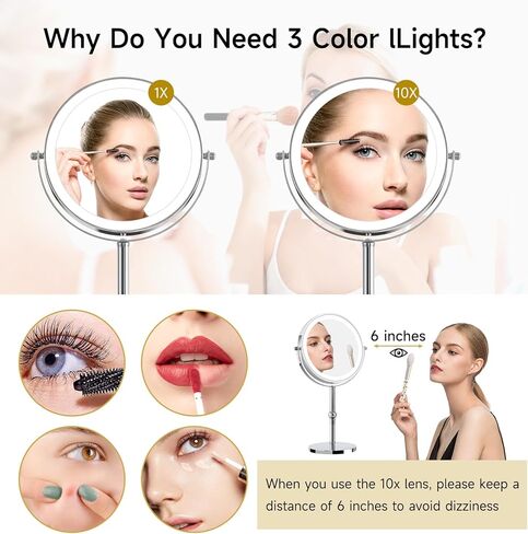 مرآة مكياج مضيئة بأضواء أكثر سطوعًا، مرآة زينة مكبرة عالية الدقة 1x/10xTrue HD مع تحكم باللمس، مرآة مزدوجة الجوانب قابلة لإعادة الشحن بزاوية 360 درجة مع 3 أضواء خافتة للضوء in Kuwait