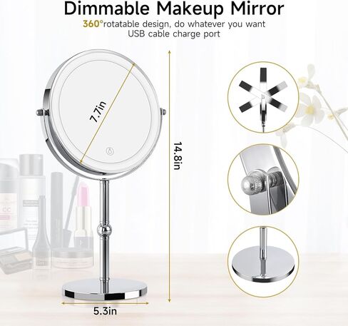 مرآة مكياج مضيئة بأضواء أكثر سطوعًا، مرآة زينة مكبرة عالية الدقة 1x/10xTrue HD مع تحكم باللمس، مرآة مزدوجة الجوانب قابلة لإعادة الشحن بزاوية 360 درجة مع 3 أضواء خافتة للضوء in Kuwait