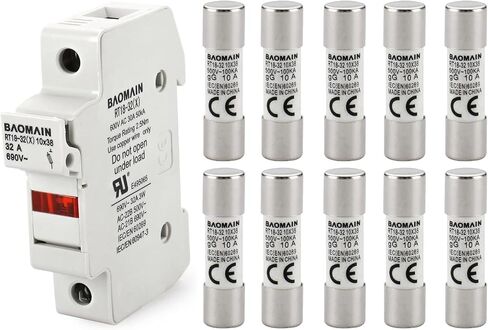 Baomain Cylindrical Fuse Holder RT18-32(X) 10mm X 38mm Fuse Base Single Pole DIN Rail Mount with 10 PCS of RO15 Fuse(3 Amp) CE Listed in Saudi Arabia
