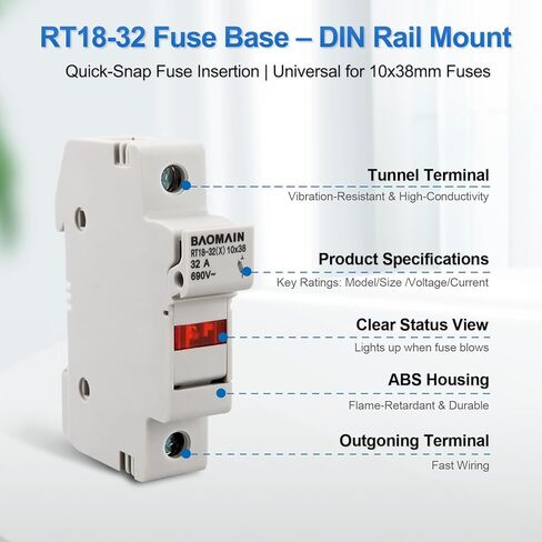 Baomain Cylindrical Fuse Holder RT18-32(X) 10mm X 38mm Fuse Base Single Pole DIN Rail Mount with 10 PCS of RO15 Fuse(3 Amp) CE Listed in Saudi Arabia