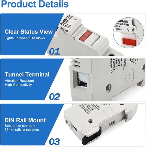 Baomain Cylindrical Fuse Holder RT18-32(X) 10mm X 38mm Fuse Base Single Pole DIN Rail Mount with 10 PCS of RO15 Fuse(3 Amp) CE Listed in Saudi Arabia