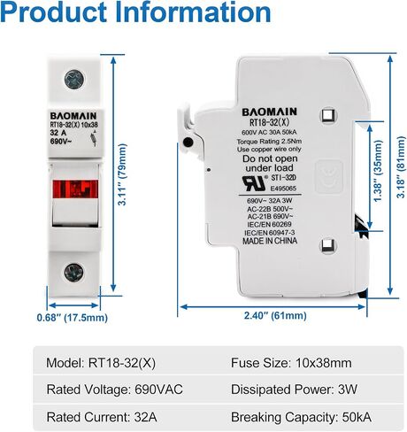 Baomain Cylindrical Fuse Holder RT18-32(X) 10mm X 38mm Fuse Base Single Pole DIN Rail Mount with 10 PCS of RO15 Fuse(3 Amp) CE Listed in Saudi Arabia