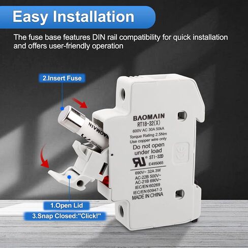 Baomain Cylindrical Fuse Holder RT18-32(X) 10mm X 38mm Fuse Base Single Pole DIN Rail Mount with 10 PCS of RO15 Fuse(3 Amp) CE Listed in Saudi Arabia