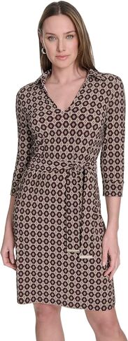 Tommy Hilfiger Women's 3/4 Sleeve Collared V-Neck Tie Waist Mini Dress in Saudi Arabia