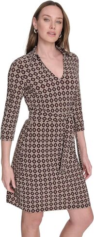 Tommy Hilfiger Women's 3/4 Sleeve Collared V-Neck Tie Waist Mini Dress in Saudi Arabia
