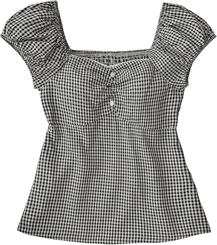 Milumia Girl's Plaid Puff Short Sleeve T Shirt Sweetheart Neck Flared Hem Tops in Saudi Arabia