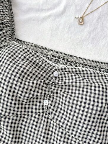 Milumia Girl's Plaid Puff Short Sleeve T Shirt Sweetheart Neck Flared Hem Tops in Saudi Arabia