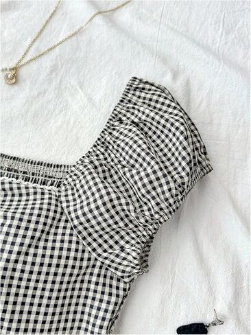 Milumia Girl's Plaid Puff Short Sleeve T Shirt Sweetheart Neck Flared Hem Tops in Saudi Arabia