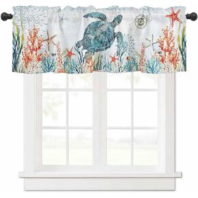 Coastal Sea Turtle Valances for Windows, Teal Summer Beach Light Filtering Window Valance Curtains for Bedroom/Living Room/Bathroom, Nautical Coral Rod Pocket Curtains 42" W x 12" L in Saudi Arabia