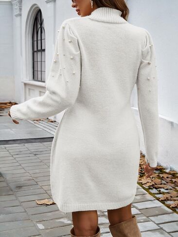 Apvirdy 2025 Womens Turtle Neck Sweater Pearl Dress Fall Winter Long Puffy Sleeve Knit Mini Wrap Work Dresses in Kuwait
