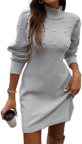Apvirdy 2025 Womens Turtle Neck Sweater Pearl Dress Fall Winter Long Puffy Sleeve Knit Mini Wrap Work Dresses in Kuwait