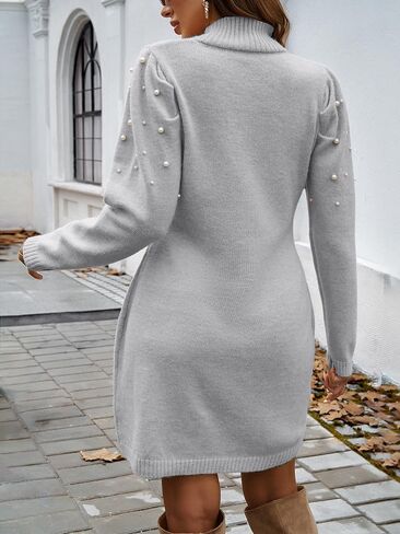Apvirdy 2025 Womens Turtle Neck Sweater Pearl Dress Fall Winter Long Puffy Sleeve Knit Mini Wrap Work Dresses in Kuwait