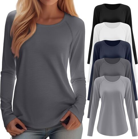 5 Pack Women's Long Sleeve T-Shirts Crew Neck Raglan Loose Fit Casual Shirts Side Split Curved Hem Tunic Tops in Saudi Arabia
