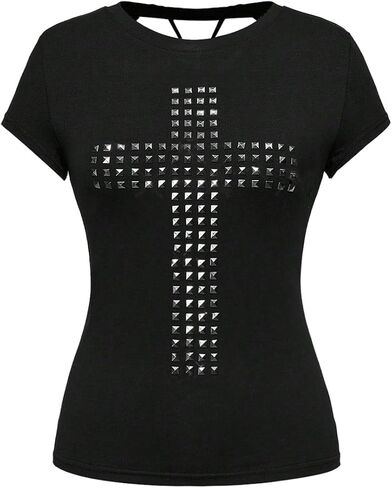 Milumia Women's Punk Cross Graphic Tee Shirt Rivet Short Sleeve Open Back Going Out Tops in Saudi Arabia