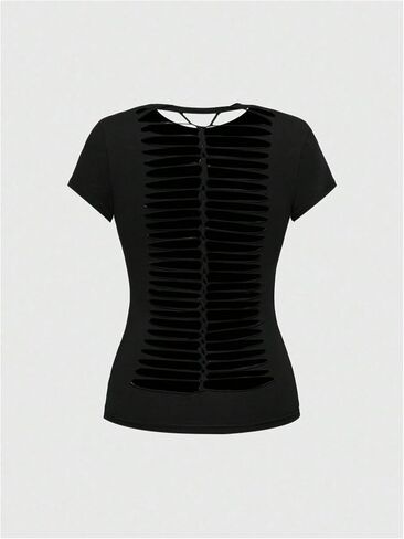 Milumia Women's Punk Cross Graphic Tee Shirt Rivet Short Sleeve Open Back Going Out Tops in Saudi Arabia
