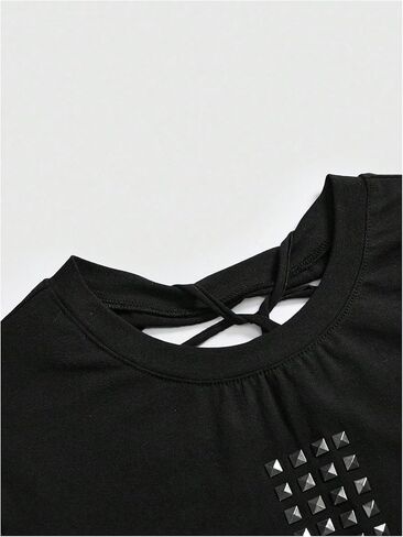 Milumia Women's Punk Cross Graphic Tee Shirt Rivet Short Sleeve Open Back Going Out Tops in Saudi Arabia
