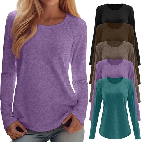 5 Pack Women's Long Sleeve T-Shirts Crew Neck Raglan Loose Fit Casual Shirts Side Split Curved Hem Tunic Tops in Saudi Arabia