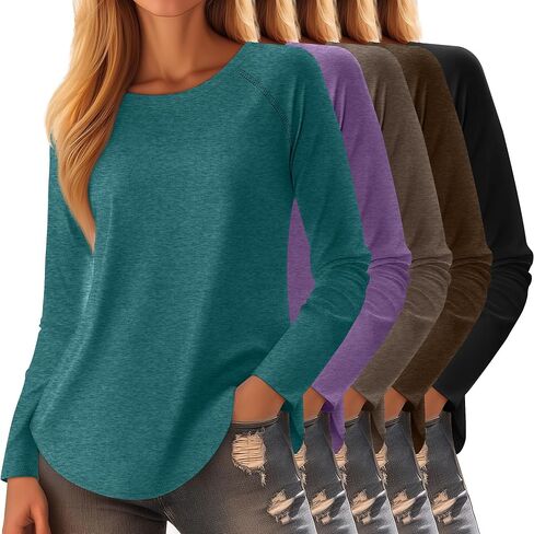 5 Pack Women's Long Sleeve T-Shirts Crew Neck Raglan Loose Fit Casual Shirts Side Split Curved Hem Tunic Tops in Saudi Arabia
