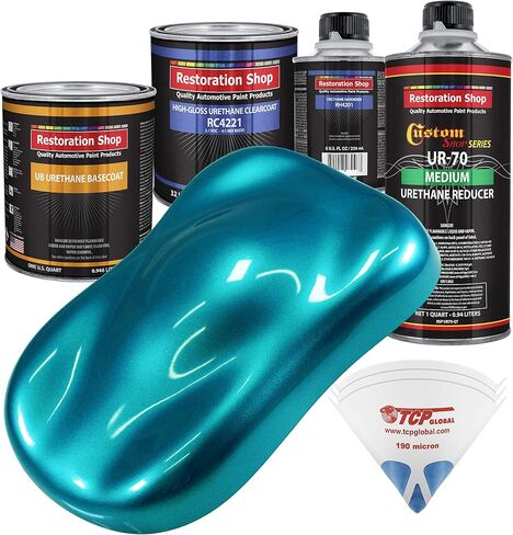 Restoration Shop - Teal Green Metallic Urethane Basecoat with Clearcoat Auto Paint - Complete Medium Quart Paint Kit - Professional High Gloss Automotive, Car, Truck Refinish Coating in Saudi Arabia