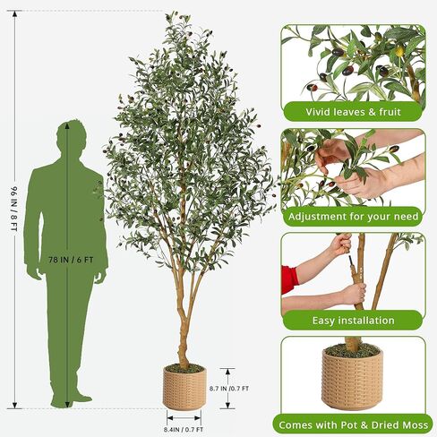 Olive Trees Artificial Indoor, 6ft Tall Faux Silk Plant - Fake Potted Tree with White Planter, Artificial Plants with Natural Wood Trunk and Lifelike Fruits for Home Office Decor, 1 Pack in Saudi Arabia