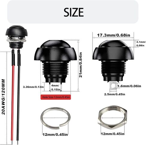 12Pcs 12mm Black Momentary Push Button Switch 0.47 in Mounting Hole Mini Round Switch Waterproof 1A 250V AC SPST 2 Pin ON Off with Locked Terminal Wires and Wiring Cap for Car, Boat,PC in Saudi Arabia