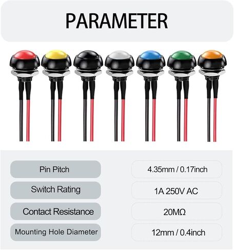 12Pcs 12mm Black Momentary Push Button Switch 0.47 in Mounting Hole Mini Round Switch Waterproof 1A 250V AC SPST 2 Pin ON Off with Locked Terminal Wires and Wiring Cap for Car, Boat,PC in Saudi Arabia