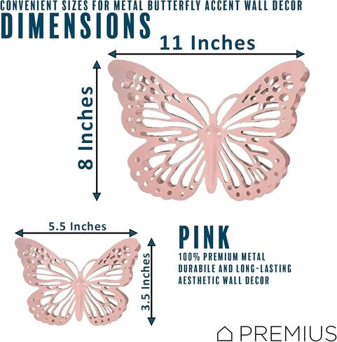 PREMIUS 5 Piece Metal Butterfly Accents Wall Decor Set, Premium Metal Material with Charming & Stunning Design, Perfect for Living Room, and Bedroom Decor, Gold, (3) 6 Inches, (2) 12 Inches in Saudi Arabia