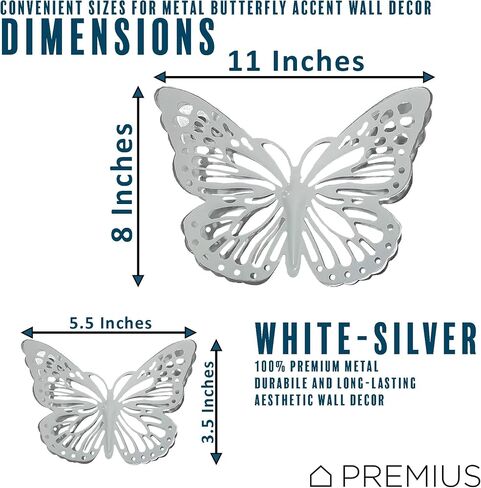 PREMIUS 5 Piece Metal Butterfly Accents Wall Decor Set, Premium Metal Material with Charming & Stunning Design, Perfect for Living Room, and Bedroom Decor, Gold, (3) 6 Inches, (2) 12 Inches in Saudi Arabia