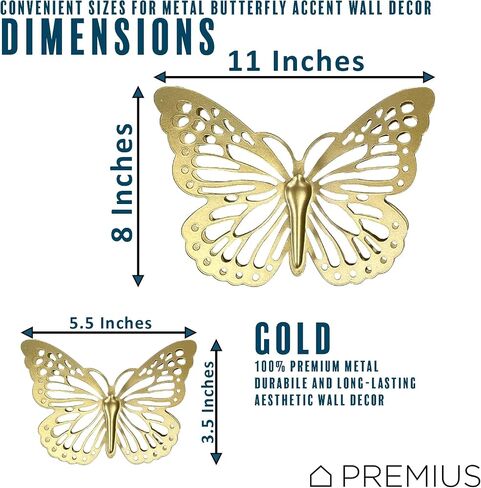 PREMIUS 5 Piece Metal Butterfly Accents Wall Decor Set, Premium Metal Material with Charming & Stunning Design, Perfect for Living Room, and Bedroom Decor, Gold, (3) 6 Inches, (2) 12 Inches in Saudi Arabia
