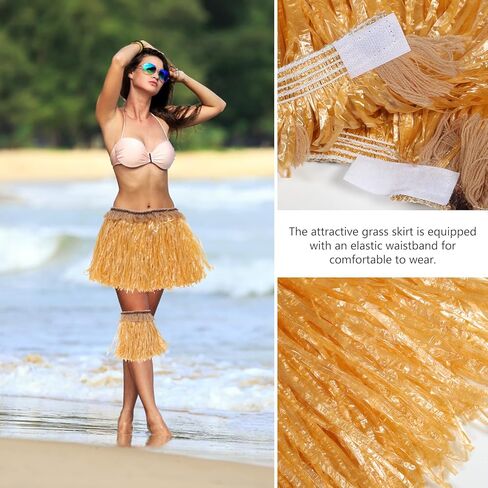 تنورة Hula Grass - تنورة مرنة من زهرة ليز الصناعية في هاواي بلون قش ذهبي للفساتين الفاخرة وأعياد الميلاد وحفلات هاواي والشاطئ والحفلات التنكرية in Kuwait