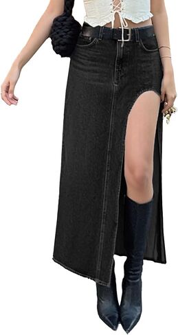 EMMIOL Jean Maxi Skirts for Women Side Slit Sexy Dress 2025 Fall Trendy Sexy Denim Long Skirt in Kuwait
