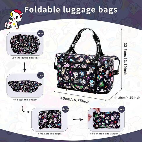 Tokidoki Unicorno Foldable Duffle Bag for Travel, 40L Expandable Weekender Bags with Trolley Sleeve Overnight Bags for Travelling(Black) in Kuwait