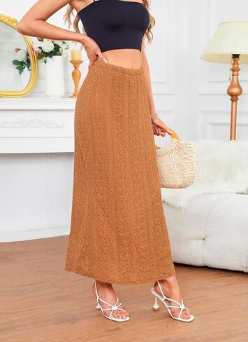 Herou Women Embroidered Crochet Skirt Summer Elastic Waist Lace Maxi Skirt Knitted Eyelet Mermaid Skirt with Underneath in Kuwait