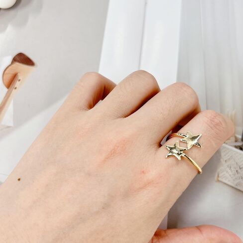 Simple Double Stars Wrap Open Statement Ring for Women Fashion Cute Lucky Star Thin Tiny Band Stacking Expandable Knuckle Finger Adjustable Rings Engagement Eternity Promise Jewelry Birthday Gifts in Saudi Arabia