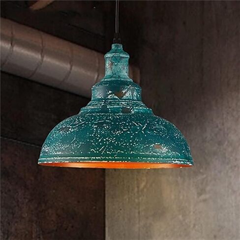 LNPTAL Industrial Vintage Hanging Lamp Distressed Teal Metal Dome Pendant Light Fixture with Orange Interior, Adjustable Ceiling Light for Kitchen Island, Dining Room, Bar, Cafe, Entryway in Saudi Arabia