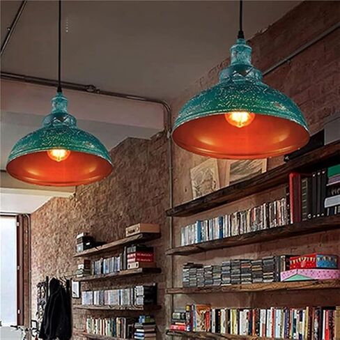 LNPTAL Industrial Vintage Hanging Lamp Distressed Teal Metal Dome Pendant Light Fixture with Orange Interior, Adjustable Ceiling Light for Kitchen Island, Dining Room, Bar, Cafe, Entryway in Saudi Arabia