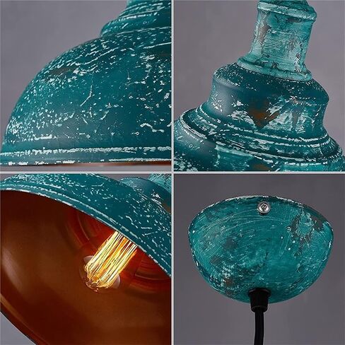 LNPTAL Industrial Vintage Hanging Lamp Distressed Teal Metal Dome Pendant Light Fixture with Orange Interior, Adjustable Ceiling Light for Kitchen Island, Dining Room, Bar, Cafe, Entryway in Saudi Arabia