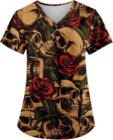 قمصان للجنسين برقبة على شكل حرف V وطبعة جمجمة فضفاضة وأكمام قصيرة وقمصان للرضاعة مع جيوب in Kuwait