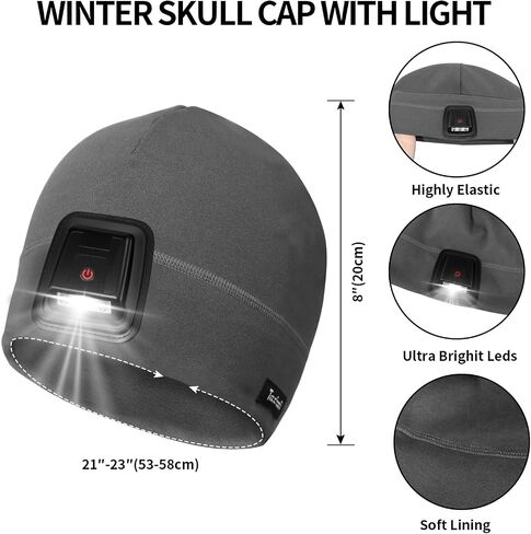 Taximi Led Beanie with Light, USB Rechargeable Headlamp Beanie, Fleece Flashlight Hat for Running, Gift for Men Dad Husband in Kuwait
