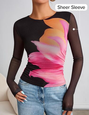 ZESICA Womens Floral Mesh Going Out Tops Fall Long Sleeve Crewneck Slim Fit Ruched Y2k Shirts Beach Vacation Outfits in Saudi Arabia