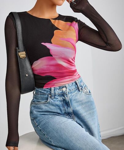 ZESICA Womens Floral Mesh Going Out Tops Fall Long Sleeve Crewneck Slim Fit Ruched Y2k Shirts Beach Vacation Outfits in Saudi Arabia